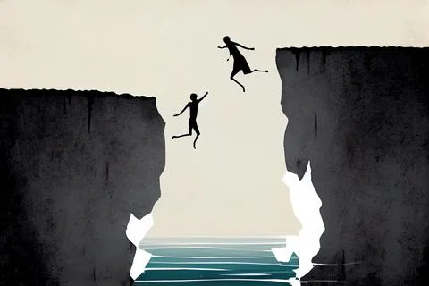 A man jumping off a cliff into the ocean from a cliff face to face with ano.. Stock Illustration