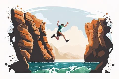 A man jumping off a cliff into the ocean from a cliff with a cliff face ext.. Stock Illustration