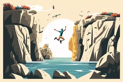 A man jumping off a cliff into a river from a cliff with a cliff face liam .. Stock Illustration
