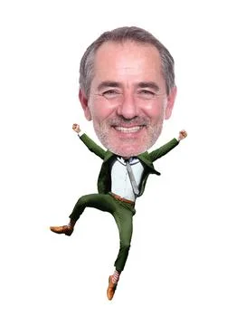 Man jumping in front of a white background with a big Head and jumping Stock Photos