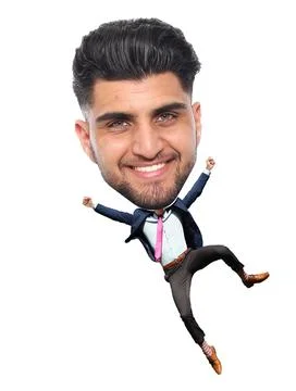 Man jumping in front of a white background with a big Head and jumping Stock Photos