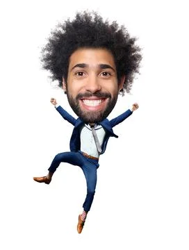 Man jumping in front of a white background with a big Head and jumping Stock Photos