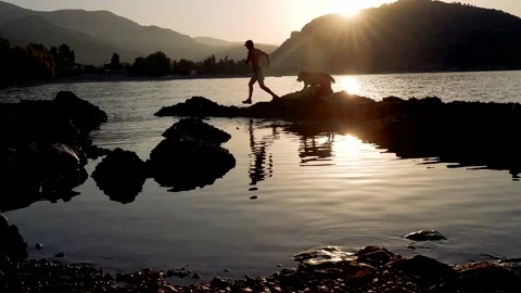 Man Jumping With His Dog On The Beach Stock Footage 165803539