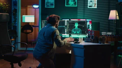 Man jumping out of chair from shock after being greeted by sentient AI, bowing Stock Footage 267046912