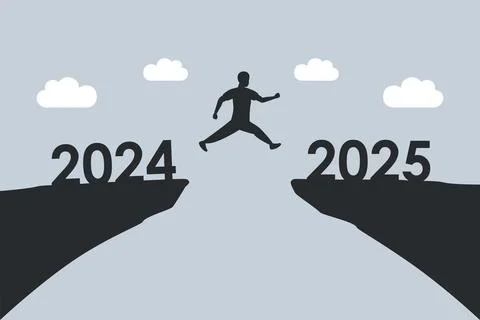 Man jumping over a cliff from 2024 to 2025 Stock Illustration