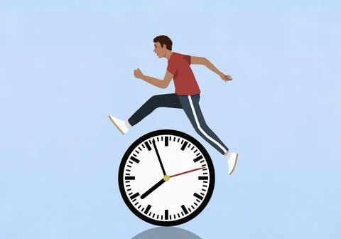 Man jumping over clock on blue background Stock Illustration