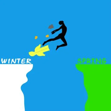 Man jumping over a precipice between winter and spring. Color Stock-Illustration