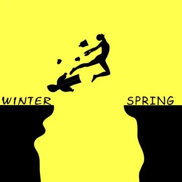 A man jumping over a precipice between winter and spring Stockillustratie