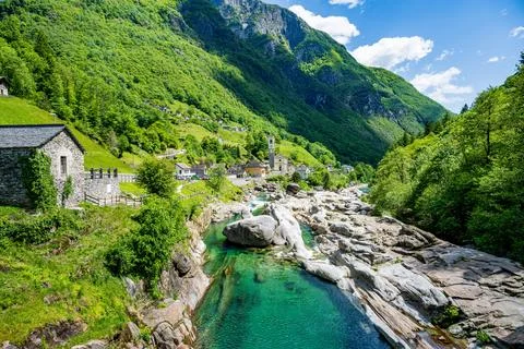 Man jumping into the river Versasca River in Lavertezzo, Ticino Stock Photos