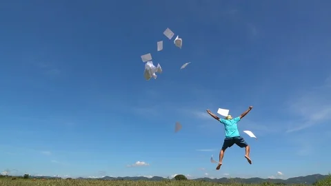 A man jumping slow motion and cloud sky background. Stock Footage 108779783