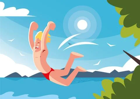 Man jumping to the swimming pool with background landscape Illustrazione stock