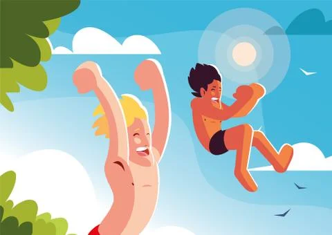 Man jumping to the swimming pool with background landscape Illustrazione stock