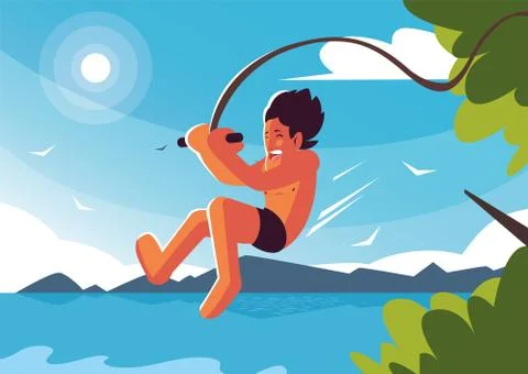 Man jumping to the swimming pool with background landscape Illustrazione stock