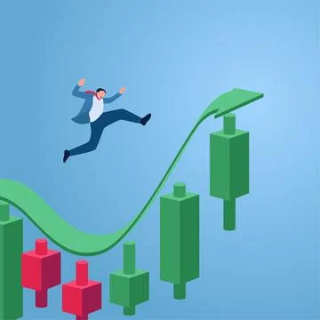 A man jumps up and down according to stock candlesticks, an illustration of.. Illustrazione stock