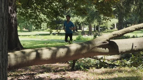 Man jumps over the trunk at the park Stock-Footage 114170084