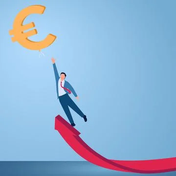 A man jumps from a rising graph trying to reach the euro symbol, an illustr.. Stock Illustration