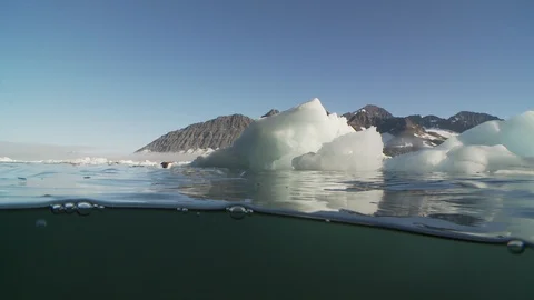 Man in a kayak moving on the water between pieces of ice on the Arctic Ocean Stock Footage 100604756
