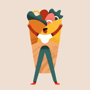 Man with kebab doner, tiny cartoon character holding shawarma rolled in pita Illustrazione stock