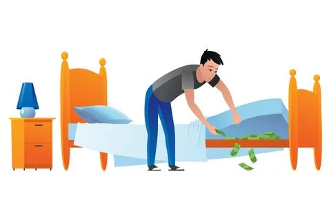 Man keep money under bed mattress. Male character poor financial literacy, cash Stock Illustration