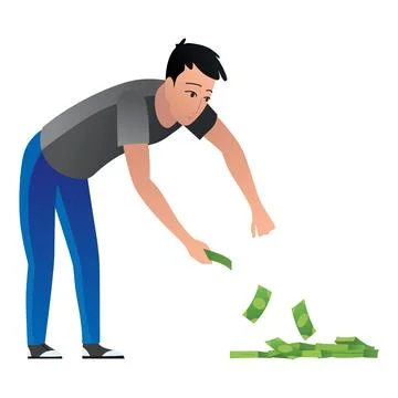 Man keep money under bed mattress. Male character poor financial literacy, cash Illustrazione stock