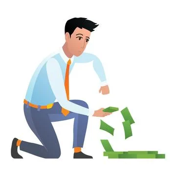 Man keep money under bed mattress. Male character poor financial literacy, cash Illustrazione stock