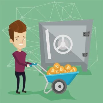 Man keeping bitcoins in the crypto cold wallet. Illustrazione stock