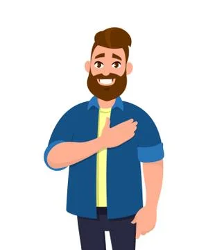Man keeping hands on chest. Smiling friendly bearded man expressing gratitude. Stock Illustration
