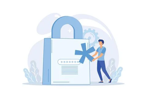 Man with key near computer and account login and password. Vector male charac Illustrazione stock