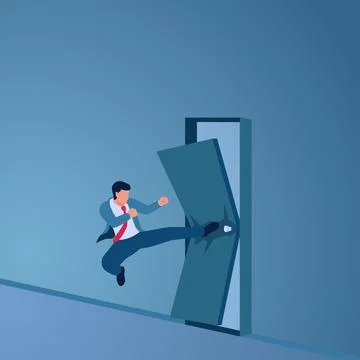 A man kicks a door hard until it breaks in two, an illustration of overcomi.. Stock Illustration