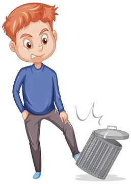 A man kicks trash can on white background Stock Illustration