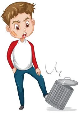 A man kicks trash can on white background Stock Illustration