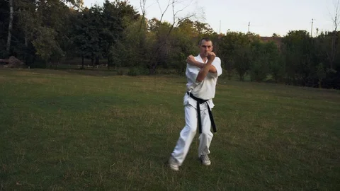 The man in Kimono Shows the Performance Technique of Kata Karate on Glade in the Stock Footage 85477769