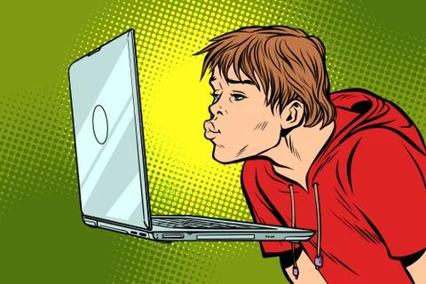 A man kisses the computer screen Stock Illustration