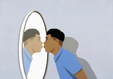 Man kissing reflection in mirror Stock Illustration