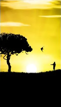 Man with a kite in sunset Stock Illustration
