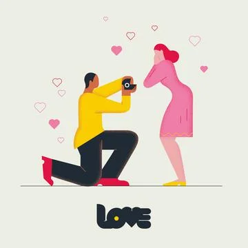 Man kneeling down and propose marriage to woman. Flat illustration for Illustrazione stock