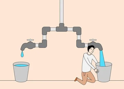 Man is kneeling down in front of two buckets of water Stock Illustration