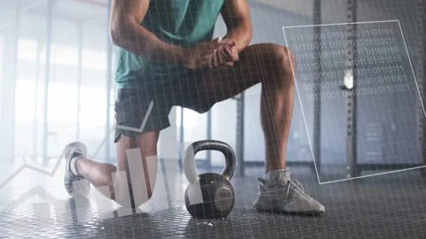 Man kneeling rubbing palms, reaching for kettlebell and lifting in gym, HUD Stock Footage 333414176