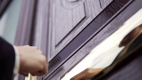 Man Knocks on Door in Suit, Slow Motion, Waiting for Home Owner, White Caucasian Stock Footage 80366812