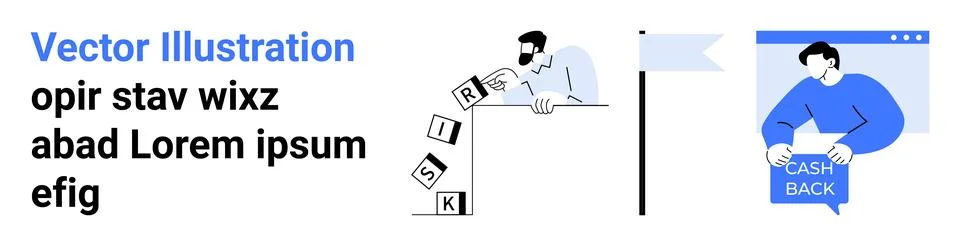 Man knocks over risk blocks, another holds cashback sign on a computer screen Stock Illustration