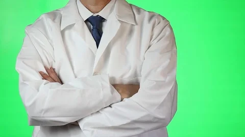 Man with Lab Coat and Tie Folded Arms Green Screen Stock Footage 80730128
