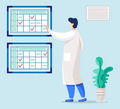 Man in Lab Coat, Checking Results at Table. Vector Stock Illustration