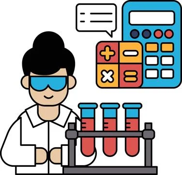A man in a lab coat is holding a beaker and a calculator 库存插图