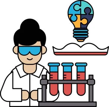A man in a lab coat is holding a beaker and a light bulb 库存插图