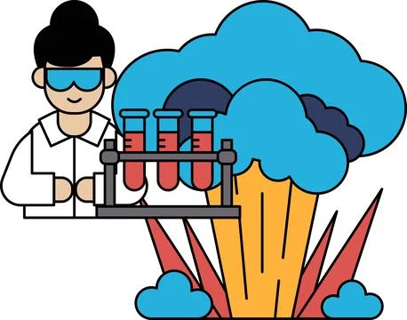 A man in a lab coat is holding a beaker with a white cloud in the background Stock Illustration