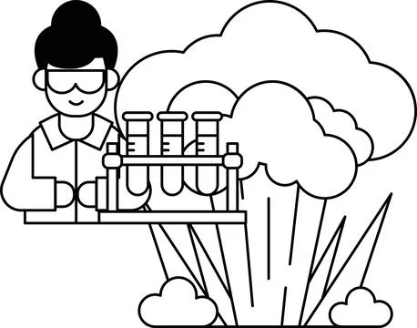 A man in a lab coat is holding a beaker with a white cloud in the background Stock Illustration