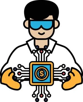 A man in a lab coat holding a computer chip with a dollar sign on it Stockillustratie
