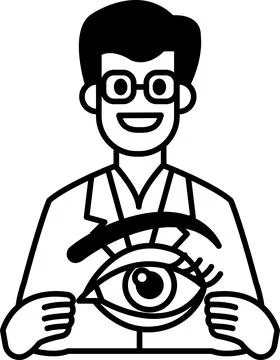 A man in a lab coat holding an eye up to the camera Stock Illustration