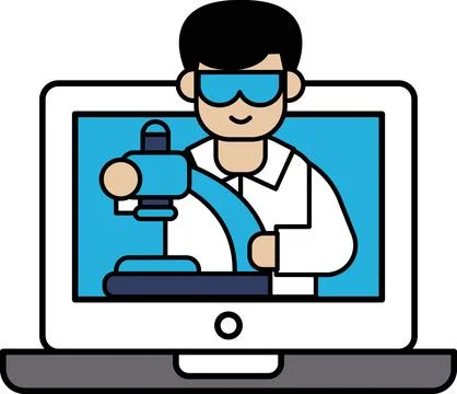 A man in a lab coat is holding a microscope and smiling 스톡 일러스트