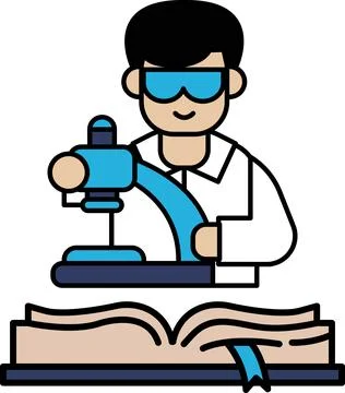 A man in a lab coat is holding a microscope and smiling Illustrazione stock